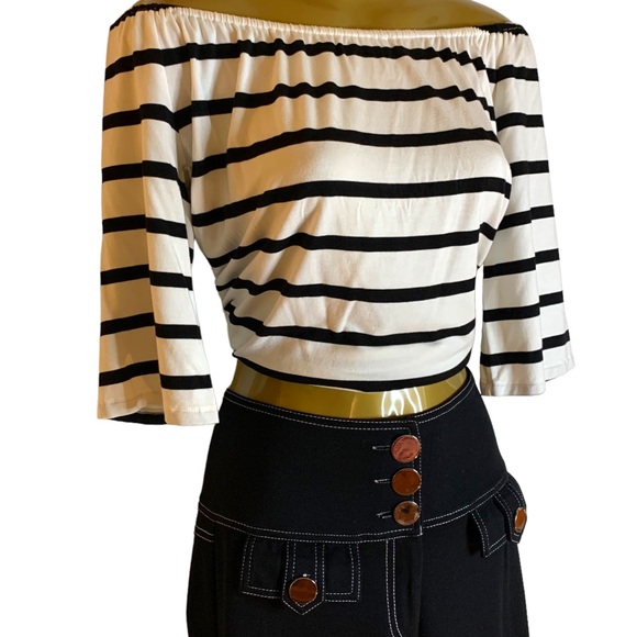 New black trousers white stitching gold shiny buttons tight fit wide flare size4 - Picture 9 of 10